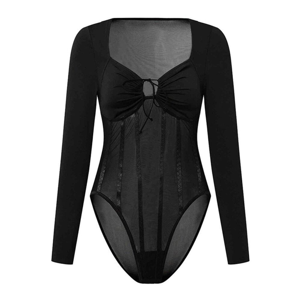 Misha Collection Paneled Corset Bodysuit Long Sleeve Bustier Boned Black Size 6